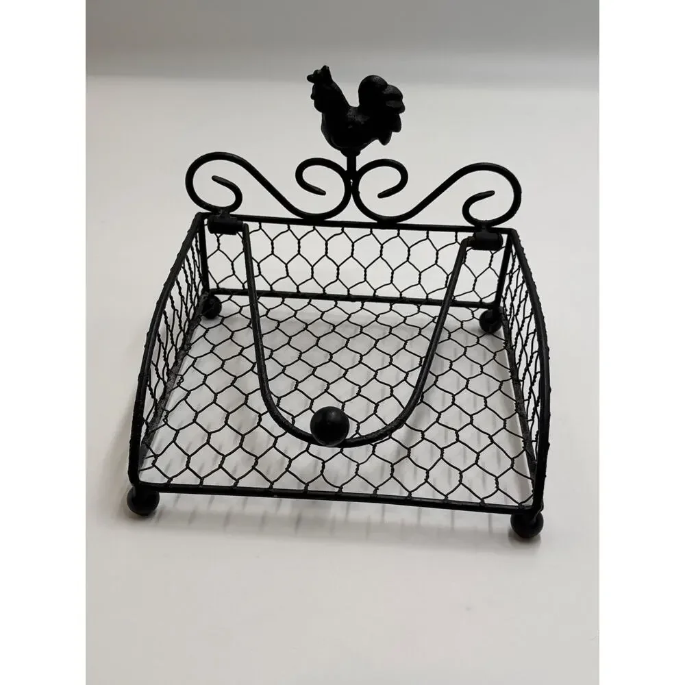 Black Metal Rooster Chicken Wire Basket Farmhouse Countertop Mail Napkin Holder